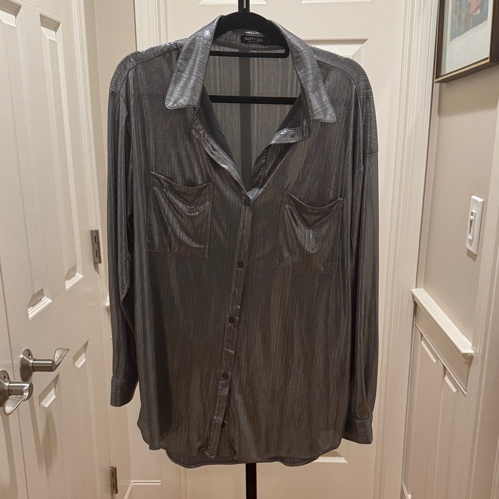 Nasty Gal Metallic Silver Button-Down Shirt